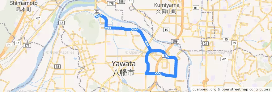 Mapa del recorrido 八幡田辺線 de la línea  en Yawata.