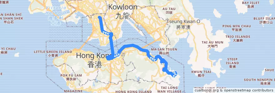 Mapa del recorrido 過海隧巴118P線 Cross-harbour Bus 118P (小西灣（藍灣半島） Siu Sai Wan (Island Resort) → 旺角（基榮小學） Mong Kok (Kei Wing Primary School)) de la línea  en Nouveaux Territoires.