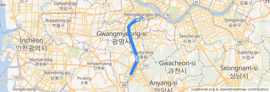 Mapa del recorrido 수도권 전철 1호선 광명 셔틀: 영등포 → 광명 de la línea  en 대한민국.