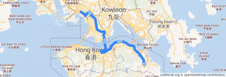 Mapa del recorrido 過海隧巴118線 Cross-harbour Bus 118 (柴灣（康翠臺） Chai Wan (Greenwood Terrace) → 長沙灣（深旺道） Cheung Sha Wan (Sham Mong Road)) de la línea  en 新界 New Territories.