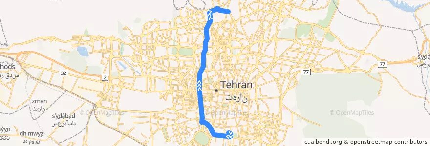 Mapa del recorrido (۱۰۴) پایانه شهید افشار - پایانه جنوب de la línea  en Teherán.