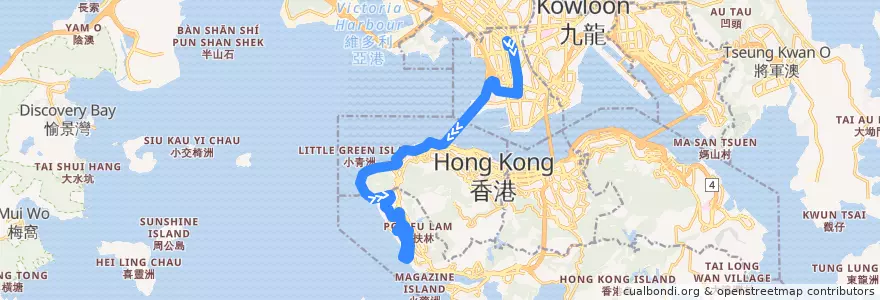 Mapa del recorrido 過海隧巴971R線 Cross-harbour Bus 971R (旺角 Mong Kok → 數碼港 Cyberport) de la línea  en Nuevos Territorios.