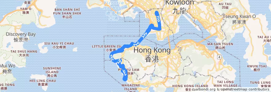 Mapa del recorrido 過海隧巴971R線 Cross-harbour Bus 971R (數碼港 Cyberport ↺ 旺角 Mong Kok) de la línea  en Новые Территории.