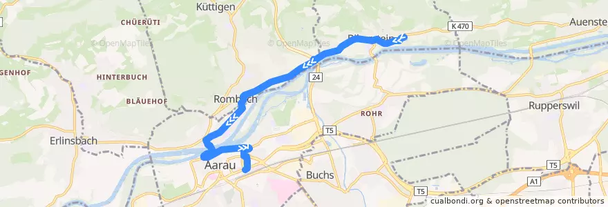 Mapa del recorrido Bus 4: Biberstein => Aarau (Spätbetrieb) de la línea  en Bezirk Aarau.