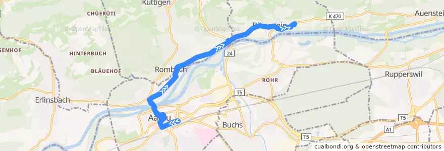 Mapa del recorrido Bus 4: Aarau => Biberstein (Spätbetrieb) de la línea  en Bezirk Aarau.