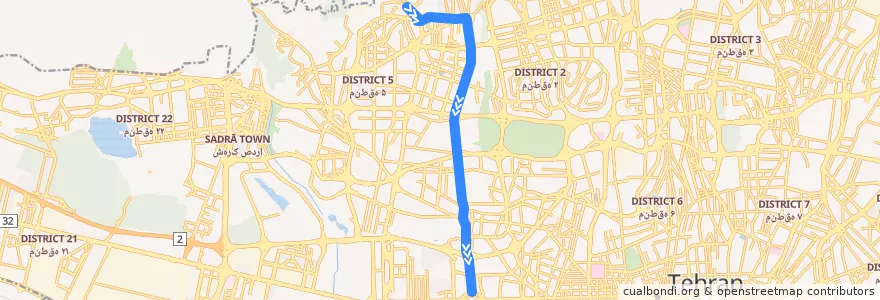 Mapa del recorrido (۱۱۰) دانشگاه علوم و تحقیقات - پایانه آزادگان de la línea  en Tahran.