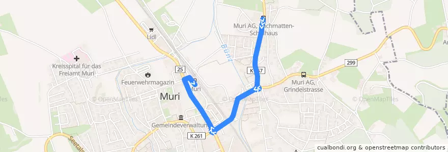 Mapa del recorrido Bus 343: Muri AG, Bachmatten-Schulhaus => Bahnhof de la línea  en Muri.