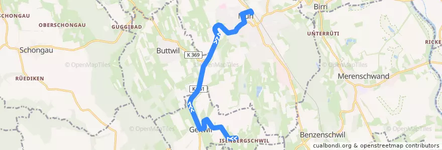 Mapa del recorrido Bus 343: Geltwil => Muri AG de la línea  en Bezirk Muri.