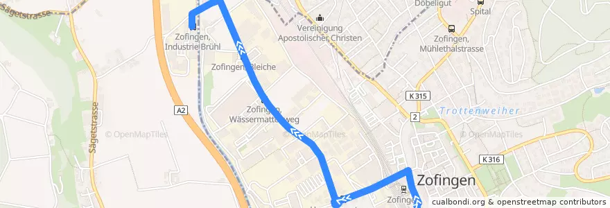 Mapa del recorrido Bus 3: Zofingen, Bahnhof => Industrie Brühl de la línea  en Bezirk Zofingen.