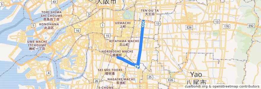 Mapa del recorrido BRT2: 地下鉄今里-あべの橋 de la línea  en Osaka.