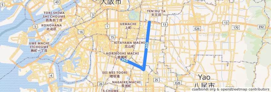 Mapa del recorrido BRT2: あべの橋-地下鉄今里 de la línea  en 大阪市.