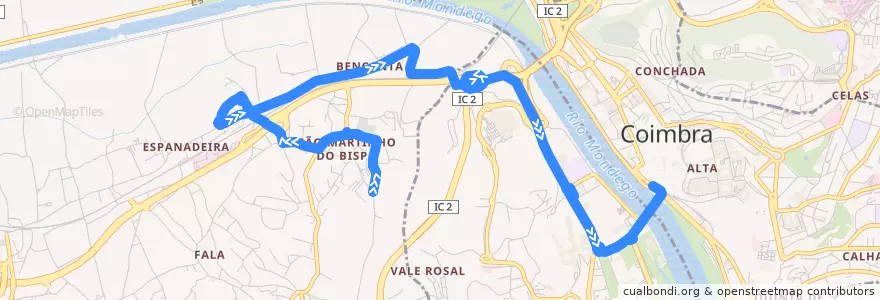 Mapa del recorrido 13P: São Martinho do Bispo (Piscinas) => Beira Rio de la línea  en Coimbra.