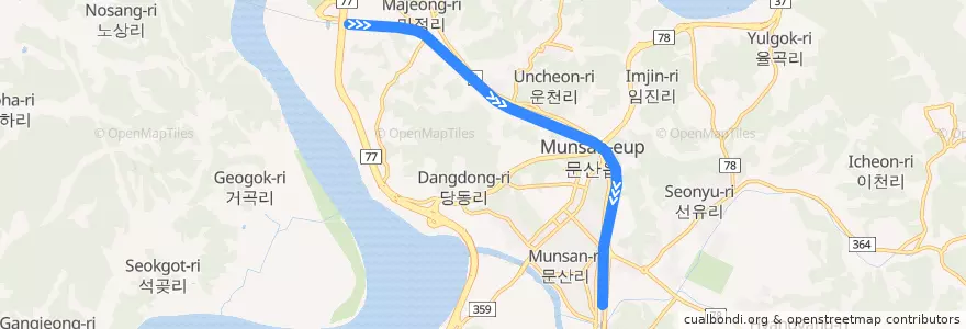 Mapa del recorrido 수도권 전철 경의·중앙선 : 임진강 → 문산 de la línea  en 문산읍.