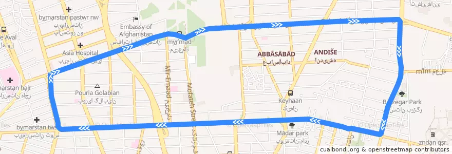Mapa del recorrido (۴۲۲) سید خندان - مطهری de la línea  en تهران.