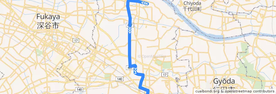 Mapa del recorrido 朝日バスKM51系統 妻沼⇒中奈良（バイパス経由）⇒熊谷駅 de la línea  en 熊谷市.