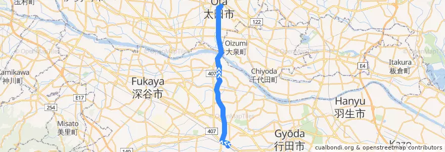Mapa del recorrido 朝日バスKM61系統 熊谷駅⇒妻沼仲町（旧道経由）⇒太田駅 de la línea  en Japón.