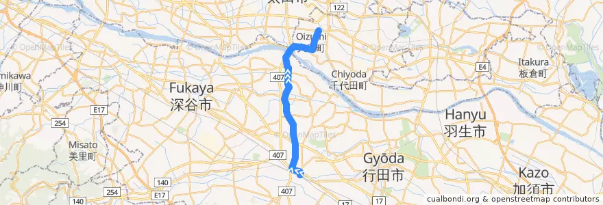 Mapa del recorrido 朝日バスKM63系統 熊谷駅⇒妻沼仲町（旧道経由）⇒西小泉駅 de la línea  en اليابان.