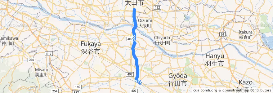 Mapa del recorrido 朝日バスKM62系統 熊谷駅⇒妻沼仲町（旧道経由）⇒西矢島 de la línea  en اليابان.
