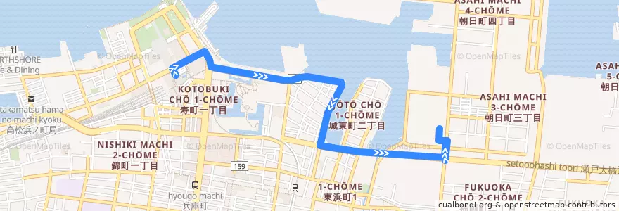 Mapa del recorrido 高松駅 => 県立中央病院 de la línea  en 高松市.
