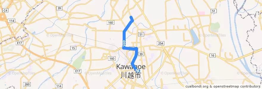 Mapa del recorrido 川越05 川越駅～月吉町～神明町車庫 de la línea  en Kawagoe.