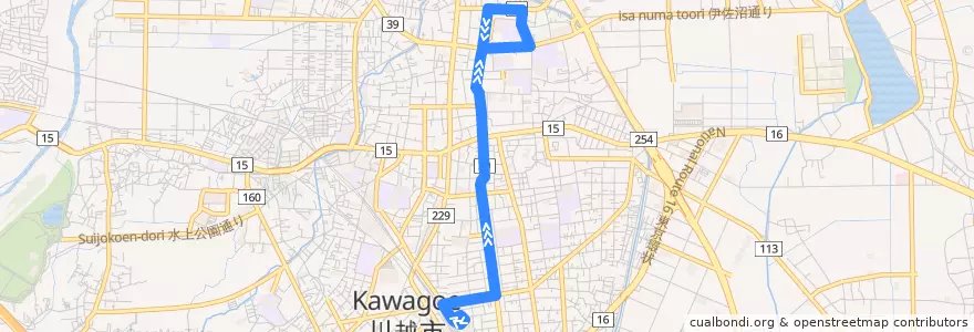 Mapa del recorrido 川越08 宮下町循環 de la línea  en 川越市.