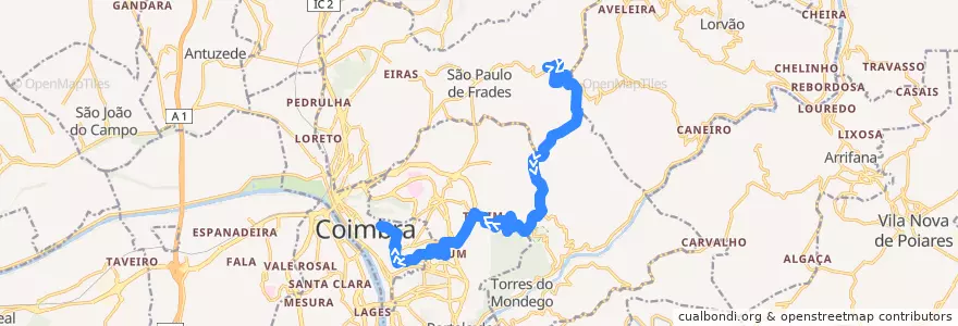Mapa del recorrido 16G: Rocha Velha => Solum => Manutenção de la línea  en Coímbra.