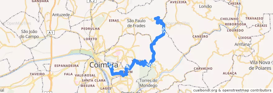 Mapa del recorrido 16G: Manutenção => Solum => Rocha Velha de la línea  en Coïmbre.