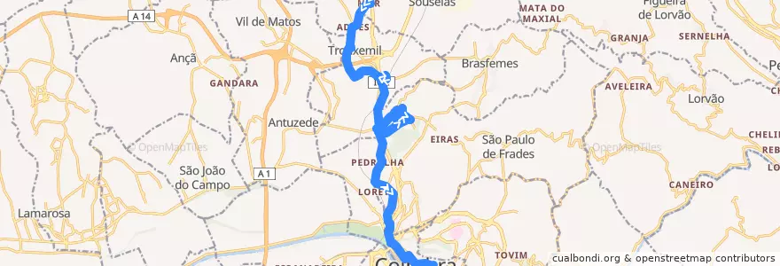 Mapa del recorrido 2F: Sargento Mor => Santa Apolónia => Manutenção de la línea  en Coïmbre.