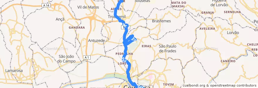 Mapa del recorrido 2F: Manutenção => Santa Apolónia => Sargento Mor de la línea  en Coímbra.