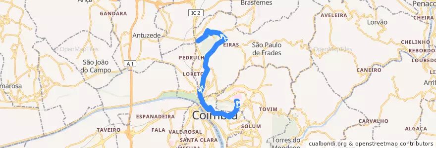 Mapa del recorrido 36F: Hospitais UC => Ponte de Eiras de la línea  en Coimbra.