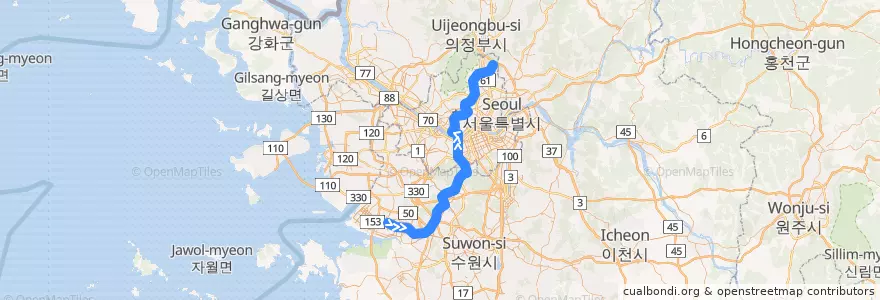 Mapa del recorrido 서울 지하철 4호선: 안산 → 당고개 de la línea  en Korea Selatan.
