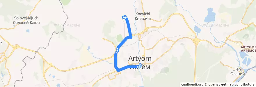 Mapa del recorrido Автобус 7: Артём-Центр — Аэропорт(терминал А) de la línea  en Артёмовский городской округ.