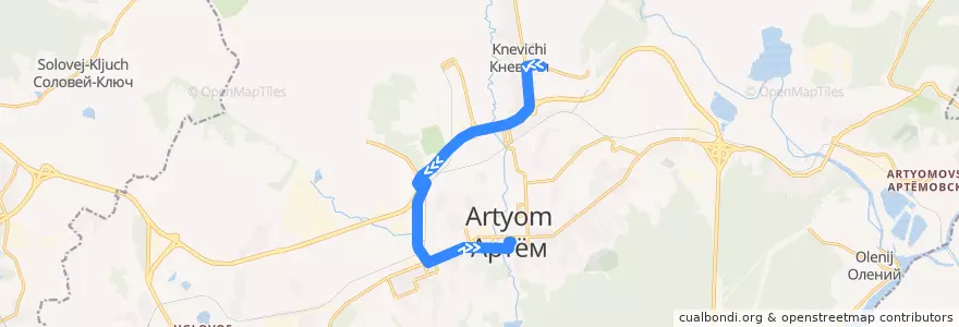 Mapa del recorrido Автобус 3: Кневичи городок - Артём-Центр de la línea  en Артёмовский городской округ.
