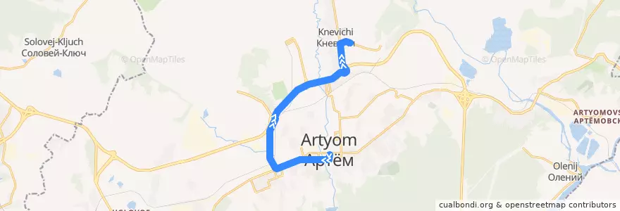 Mapa del recorrido Автобус 3: Артём-Центр — Кневичи городок de la línea  en Артёмовский городской округ.