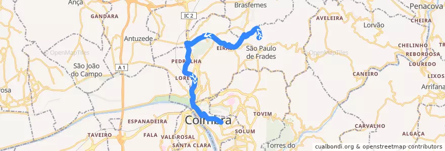 Mapa del recorrido 25: Casal da Rosa => Eiras => Praça da República de la línea  en Coimbra.