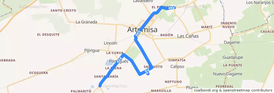 Mapa del recorrido Ruta 104 Puerta de la Guira => Artemisa => Manga Central de la línea  en Artemisa.