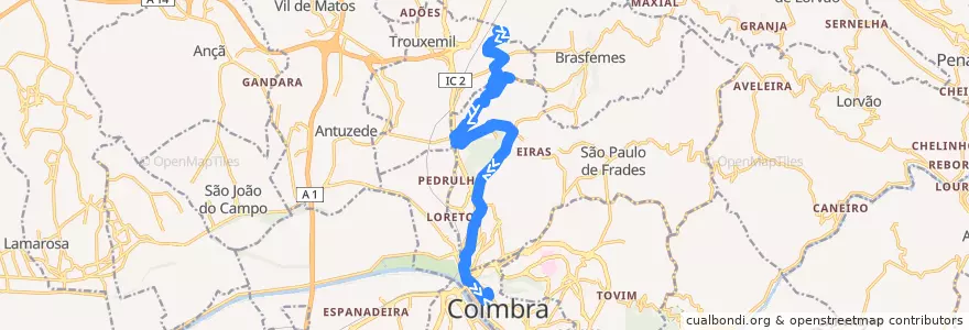 Mapa del recorrido 39: Torre de Vilela => Palácio da Justiça de la línea  en Coimbra.