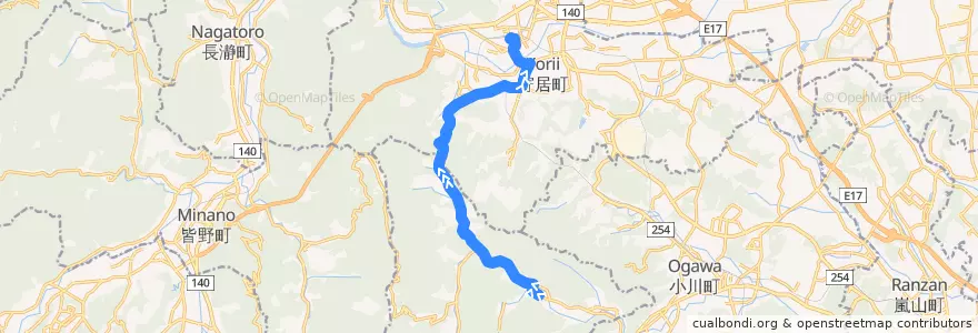 Mapa del recorrido W03 寄居駅～和紙の里 de la línea  en Präfektur Saitama.