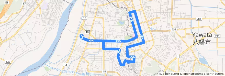 Mapa del recorrido くずは線 de la línea  en 枚方市.