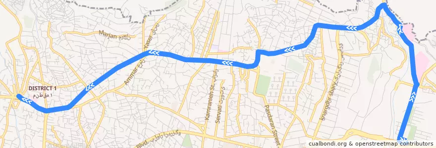 Mapa del recorrido (۳۰۰) پایانه اوشان - پایانه تجریش de la línea  en Téhéran.
