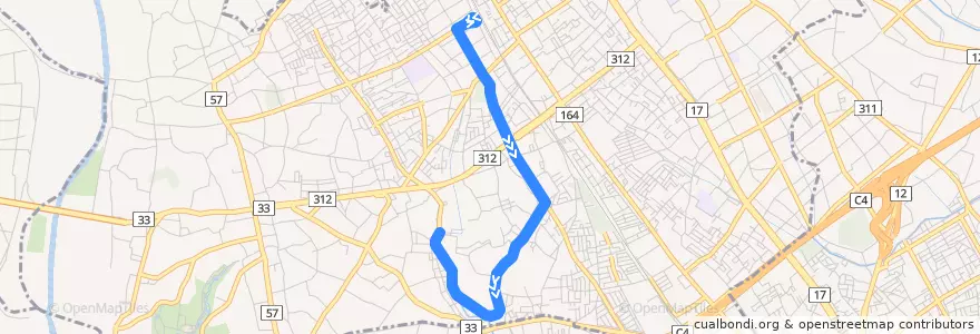 Mapa del recorrido KI-21 北本駅～北本団地 de la línea  en Kitamoto.