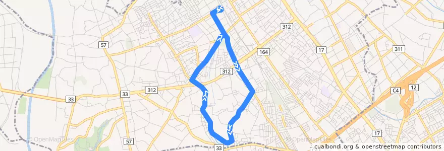 Mapa del recorrido KI-22 北本駅～北本団地先回り～北本団地循環 de la línea  en 北本市.