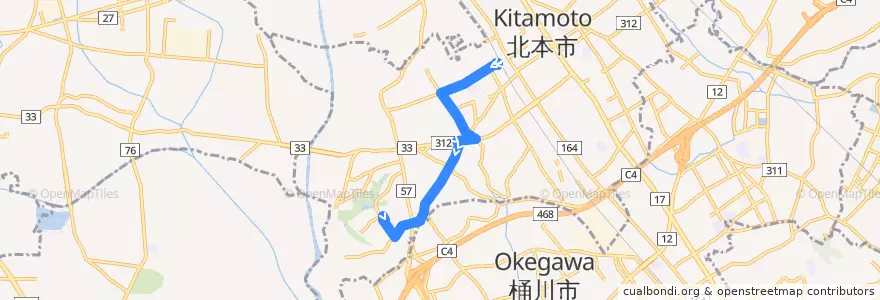 Mapa del recorrido KI-12 北本駅～石戸宿～北里大学メディカルセンター de la línea  en 北本市.