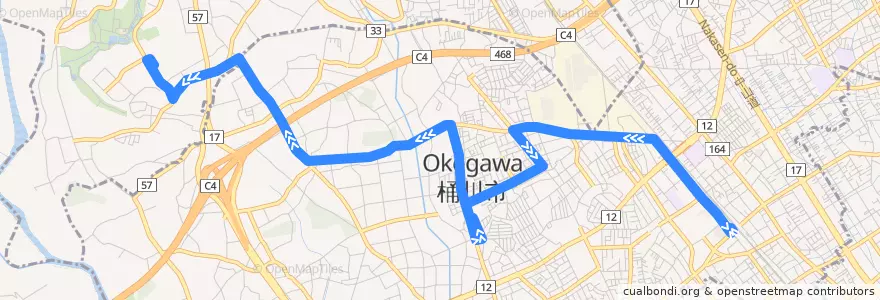 Mapa del recorrido 桶川駅～けやき団地～北里大学メディカルセンター de la línea  en Präfektur Saitama.