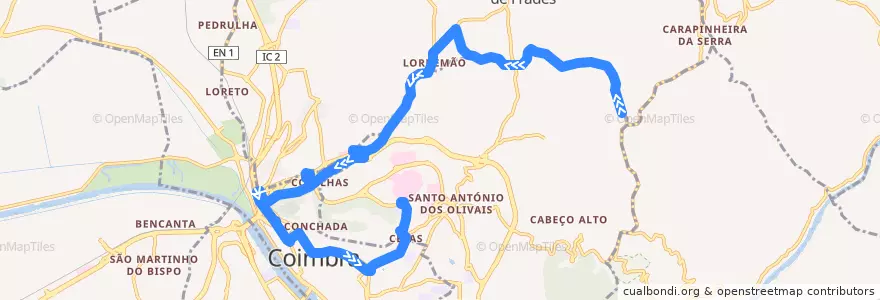 Mapa del recorrido 19T: Cova do Ouro => Lordemão => Praça da República => Hospitais UC de la línea  en Coïmbre.