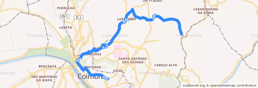 Mapa del recorrido 19T: Praça da República => Casa do Sal => Lordemão => Cova do Ouro de la línea  en Coimbra.