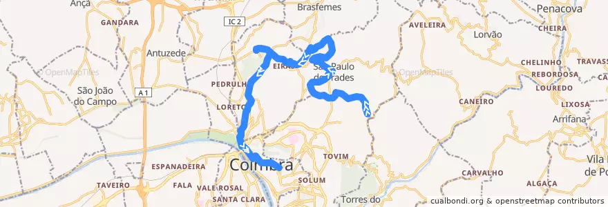 Mapa del recorrido 19A: Cova do Ouro => São Paulo de Frades => Praça da República de la línea  en Eiras e São Paulo de Frades.