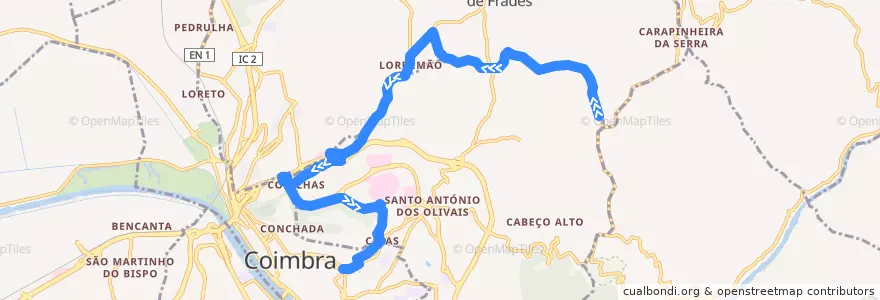 Mapa del recorrido 19T: Cova do Ouro => Lordemão => Hospitais UC => Praça da República de la línea  en Coímbra.