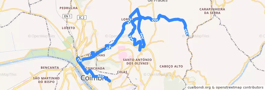 Mapa del recorrido 19T: Cova do Ouro => Lordemão => São Romão => Praça da República de la línea  en Coïmbre.