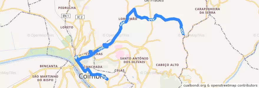 Mapa del recorrido 19T: Cova do Ouro => Lordemão => Praça da República de la línea  en Coímbra.